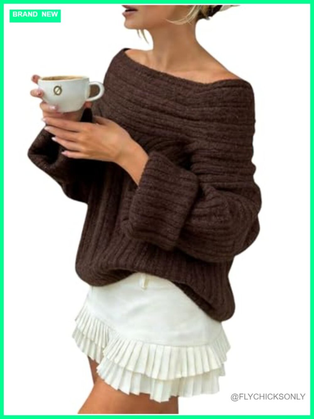 Off Shoulder Chunky Knit Long Sleeve Pullover Sweater Loose Fit